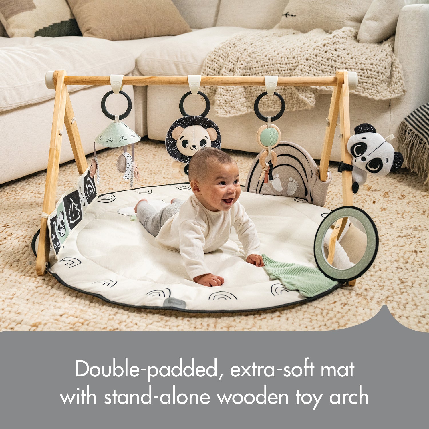 Luxe Developmental Gymini - double-padded, extra-soft mat with stand-alone wooden toy arch