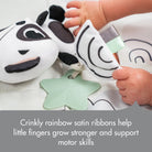 Panda Take Along Rattle Toy - crinkly rainbow satin ribbons help little fingers grow stronger and support motor skills