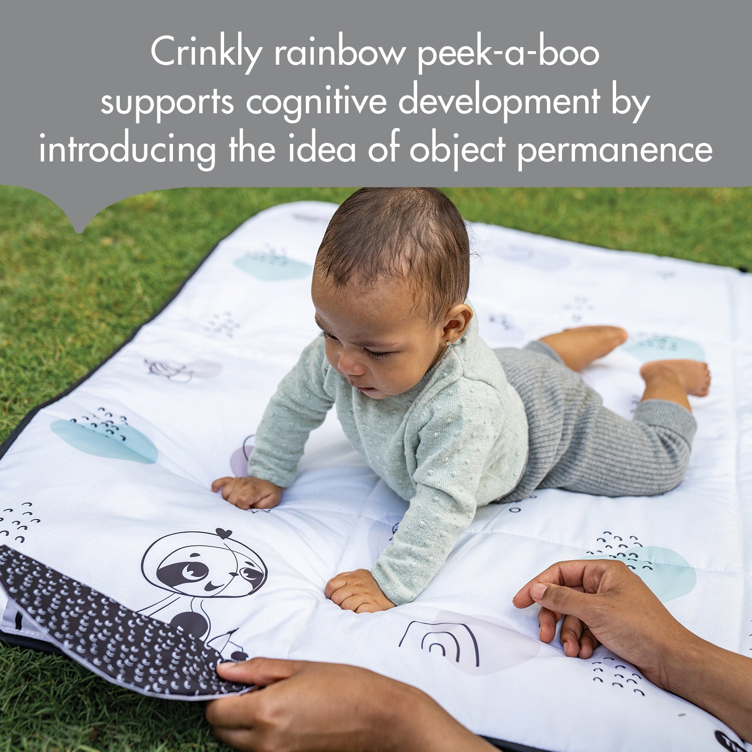 XL Outdoor Picnic Mat - crinkly rainbow peek-a-boo supports cognitive development by introducing the idea of object permanence